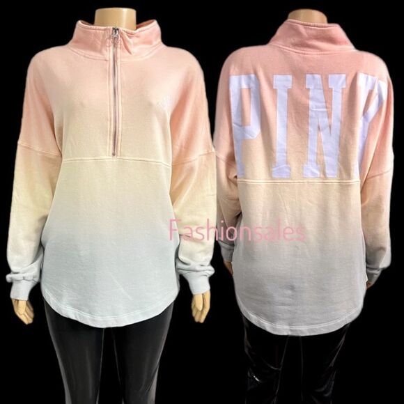 Victorias Secret Pink Varsity 1/2 Zip Oversized Sweatshirt Ombre Medium - Picture 4 of 6